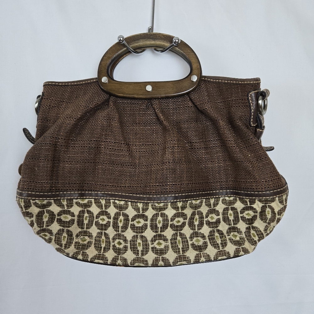Fossil Brown Woven Raffia MCM Fabric Print Magnetic Snap Wood Handle Handbag Vtg